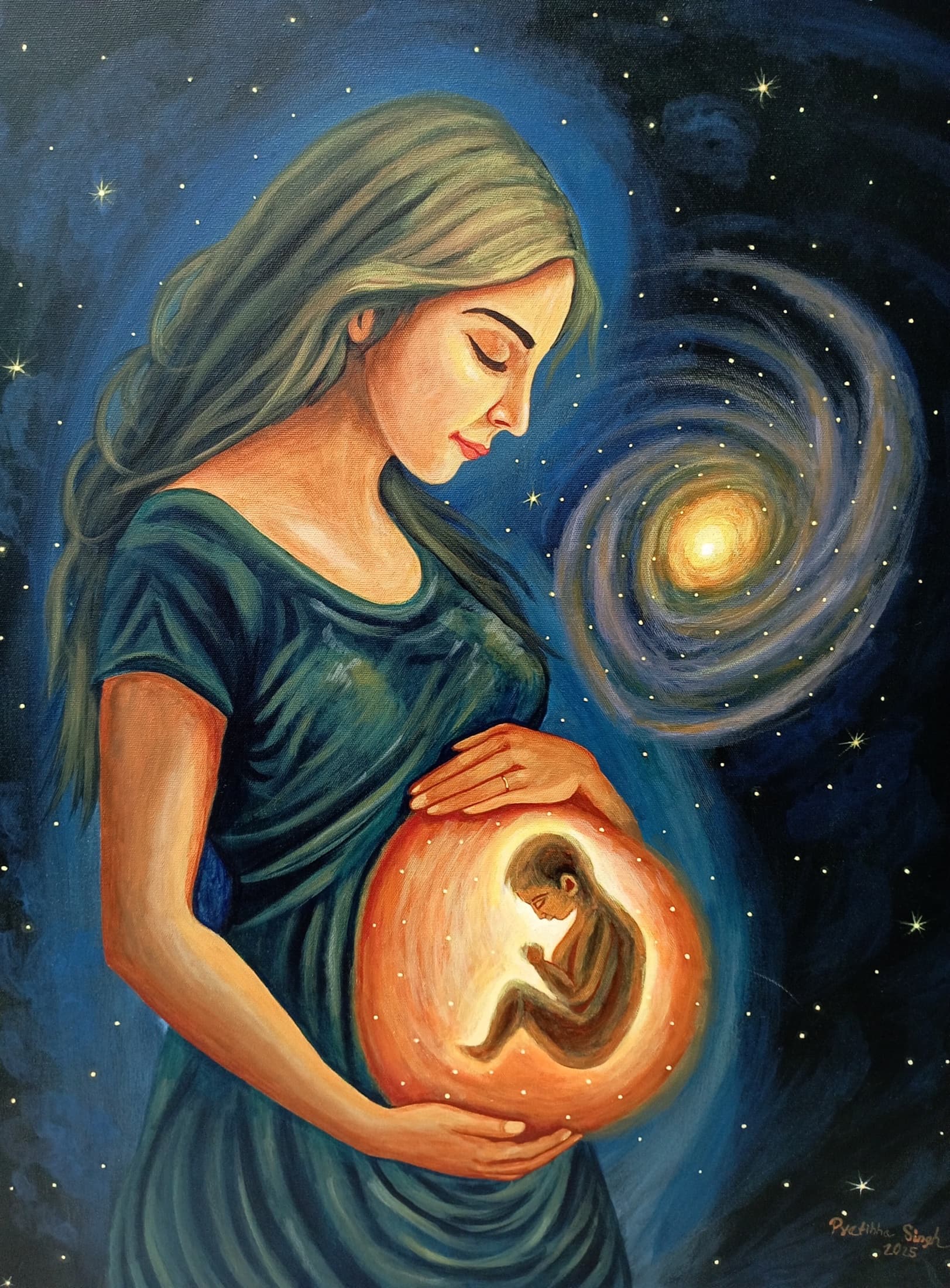 Painting of a woman holding a glowing child against a night sky